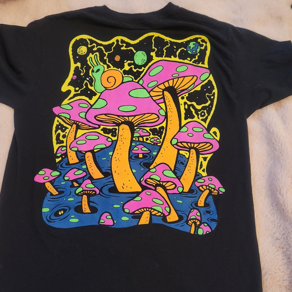 Black T-Shirt with Neon Mushroom Design